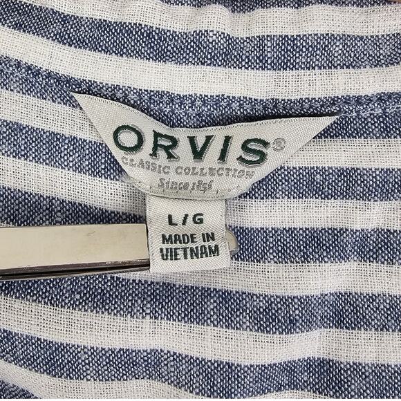 Orvis Linen Shirt Large Womens Striped Blue White Button Up Boxy Boho Lagenlook - Picture 12 of 16